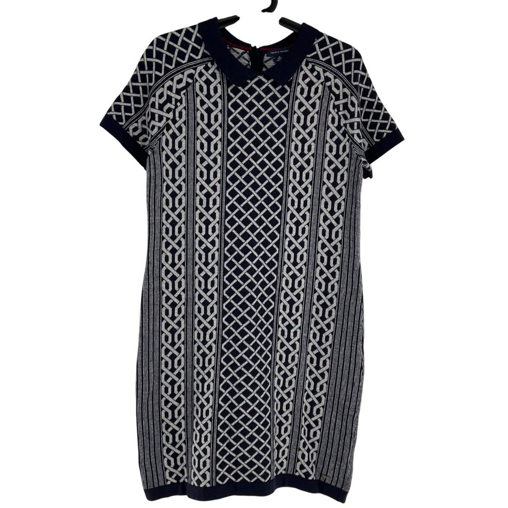 Tommy Hilfiger Navy & White Knit chain Sweater Dress Collar Size M wool
